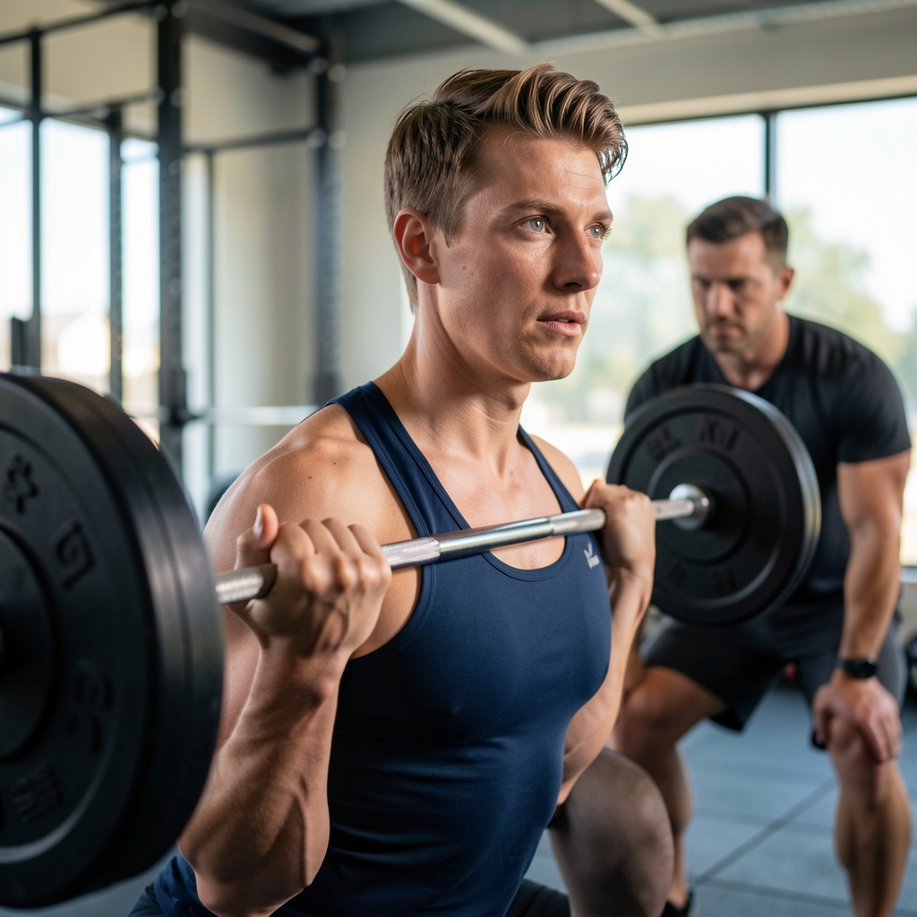 Client performing a deadlift in a KL training studio, strong natural light, coach observing form from the side, clean industrial studio environment