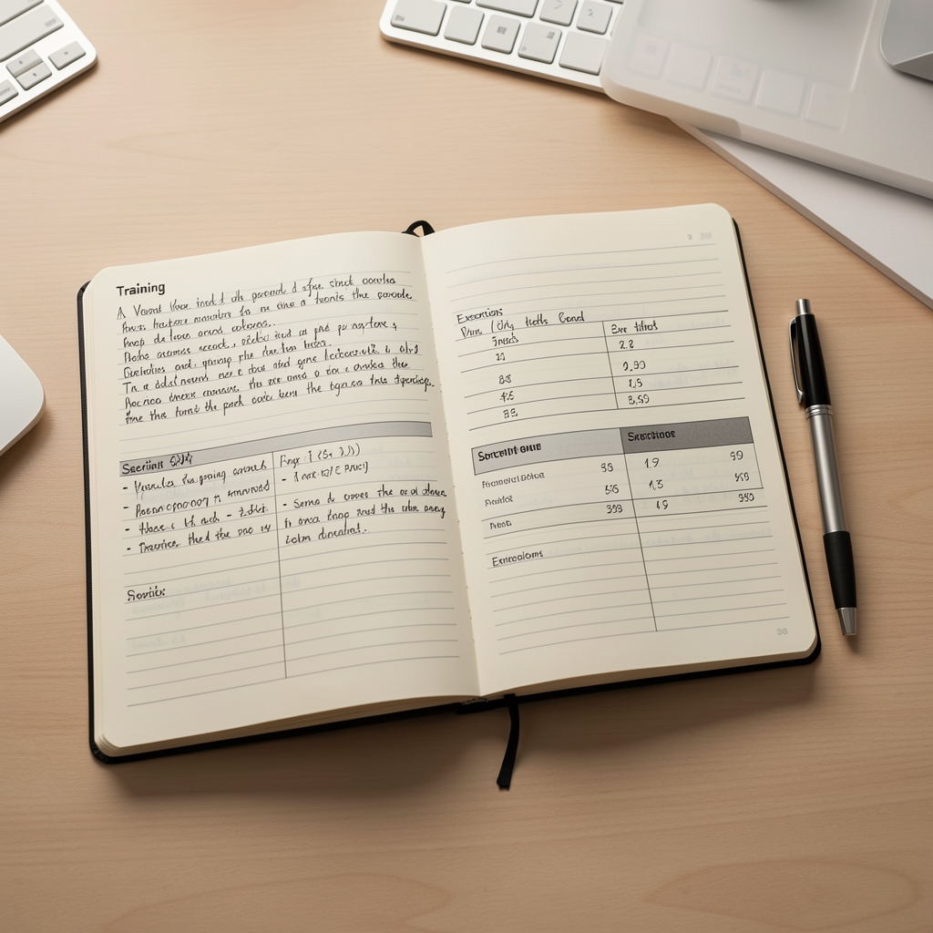 Open training journal with handwritten session notes and exercise data laid flat on a studio desk with a pen alongside it