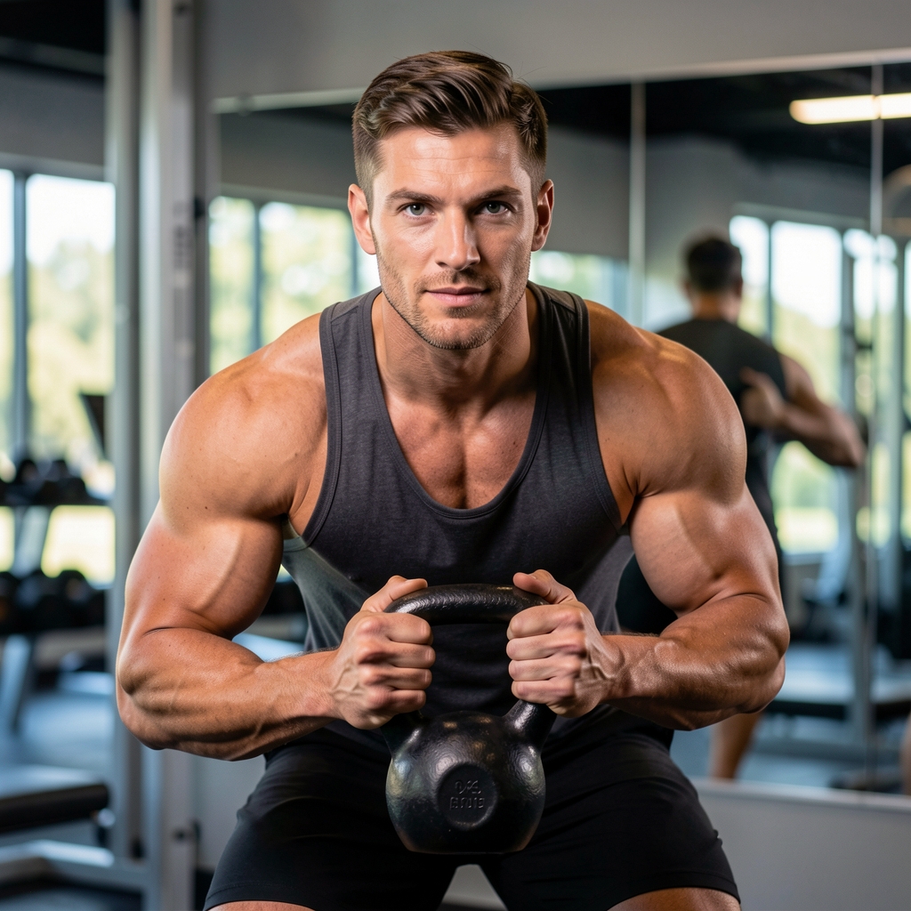 Fitness coach demonstrating correct hip hinge form with a kettlebell in a gym setting, facing a large mirror under controlled studio lighting