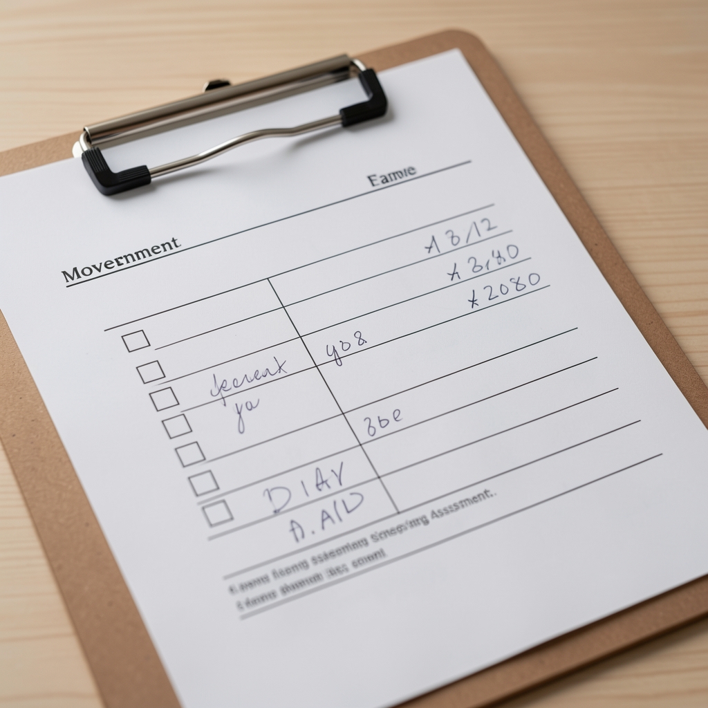 Close-up of a printed movement screening assessment form with checkboxes and handwritten scores on a clipboard
