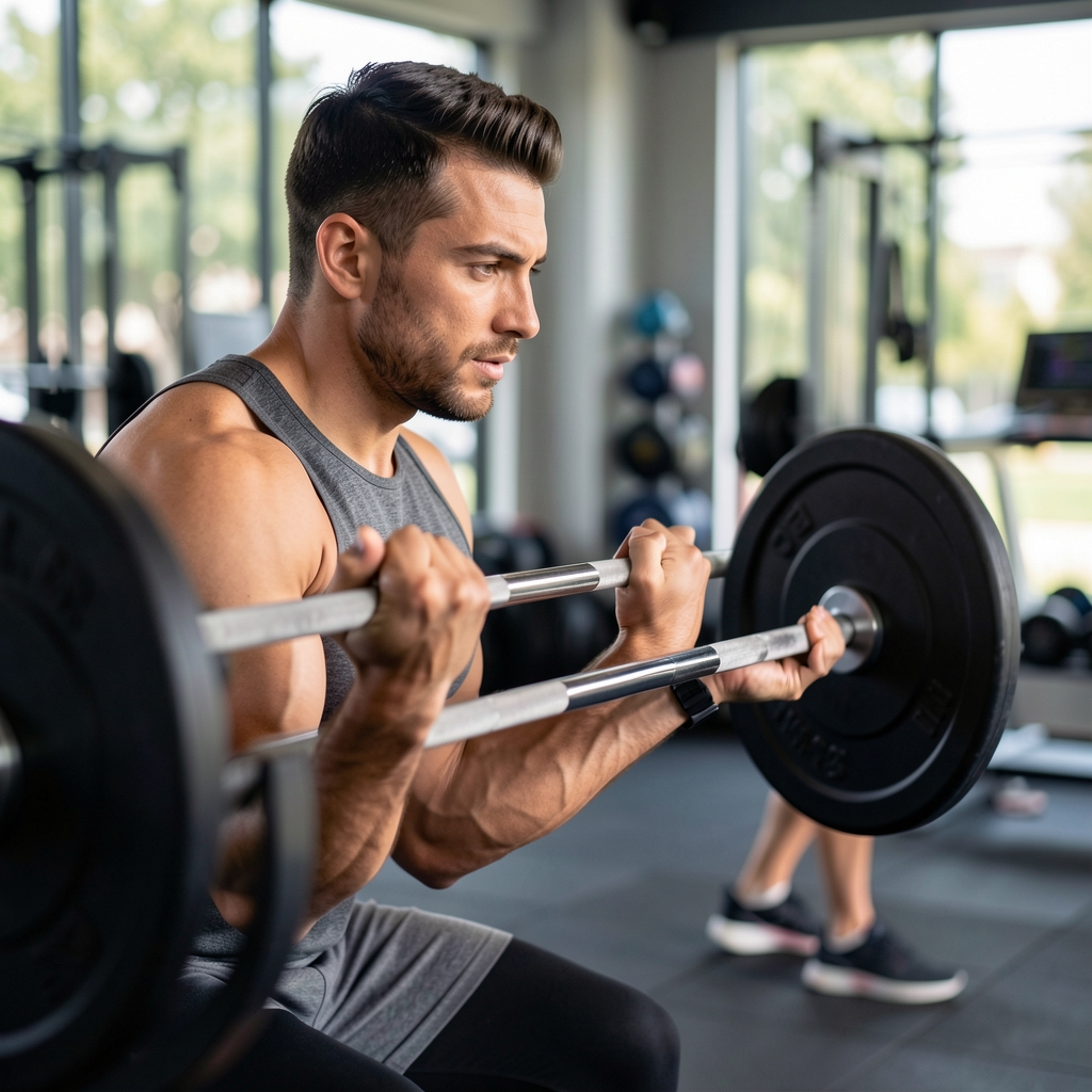 Personal trainer observing client performing a barbell squat in a modern gym, checking form from a side angle with coaching cue