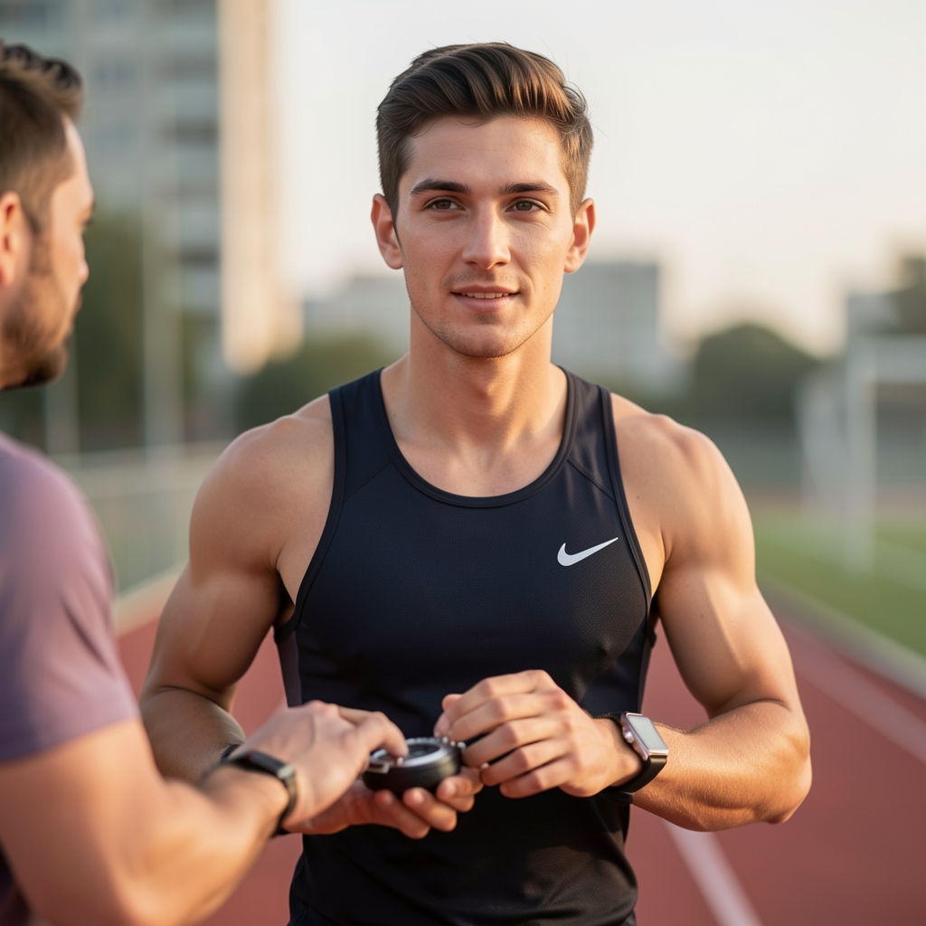 Runner on an urban track during an early morning endurance training session with a coach observing pace with a stopwatch