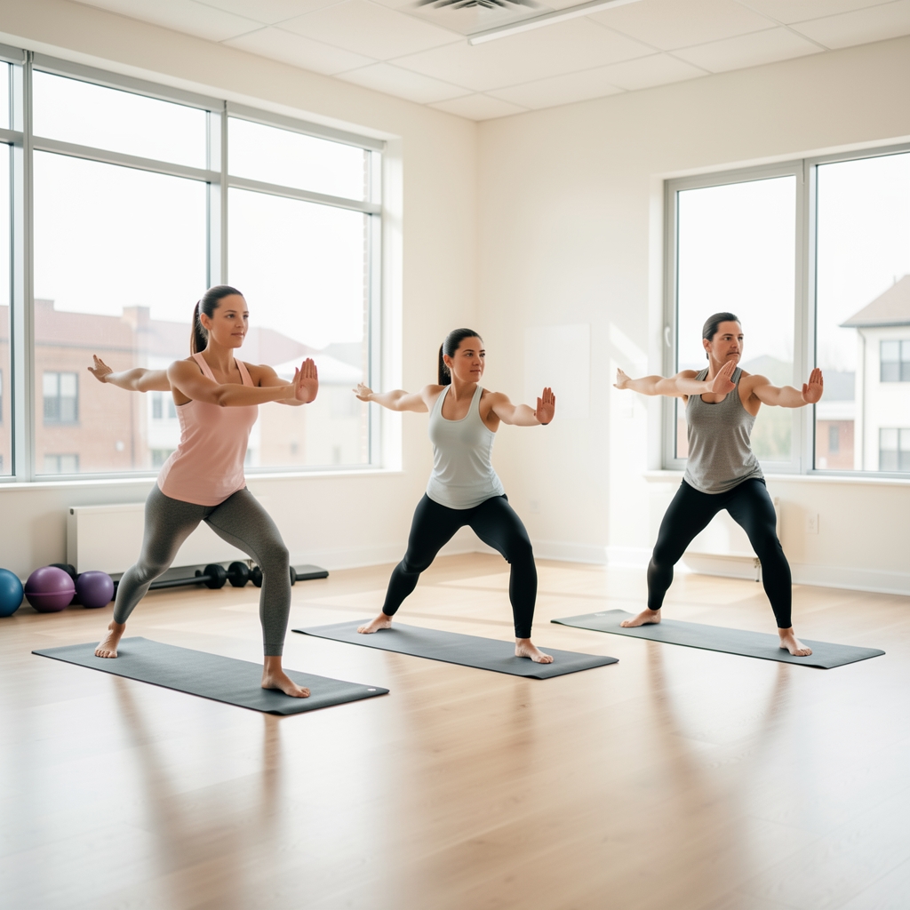 Small group fitness training session of three people performing functional movement exercises together in a bright studio with natural light