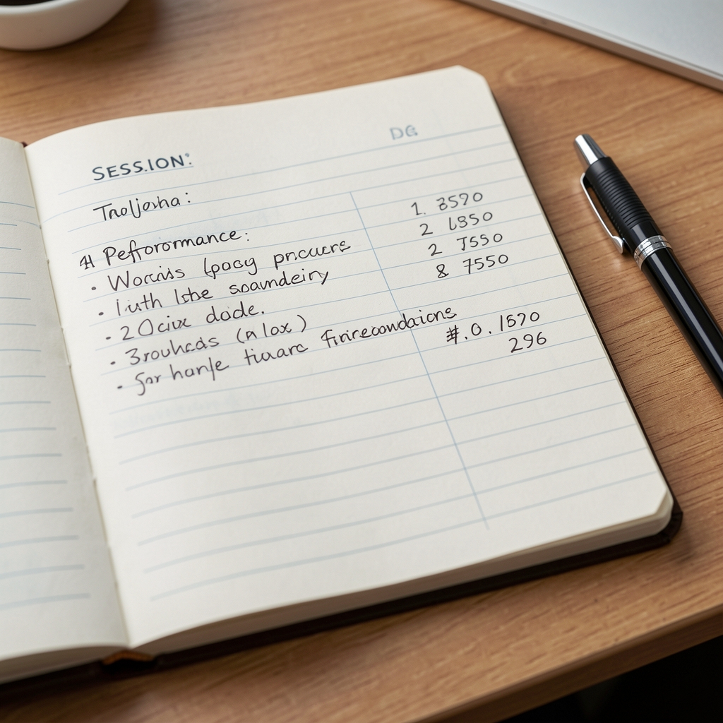 Close-up of a handwritten training log open on a desk with session notes, performance numbers, and a pen placed beside it