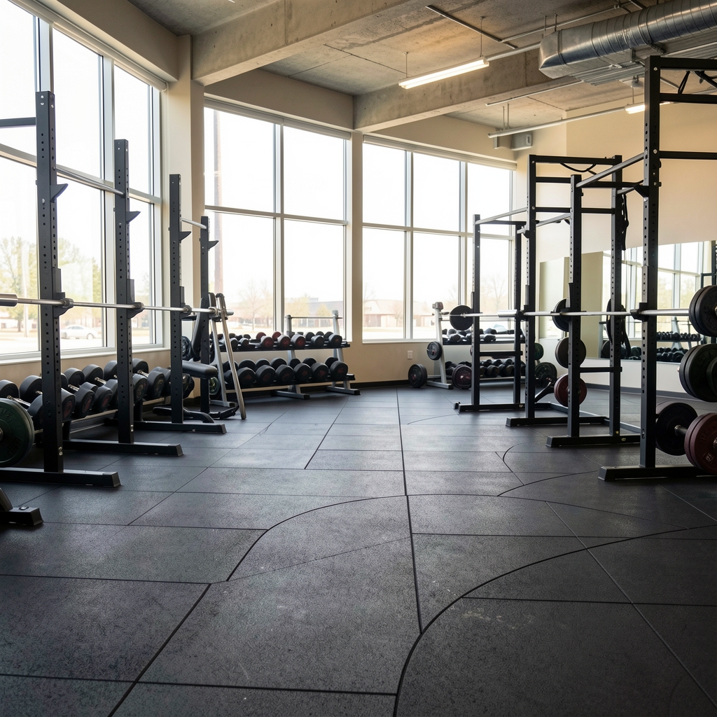 Marvon training studio interior in Kuala Lumpur featuring rubber flooring, barbell racks, and large windows with natural daylight