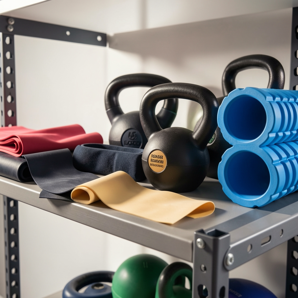 Close-up of resistance bands, kettlebells, and foam rollers arranged neatly on a studio equipment shelf under bright studio lighting